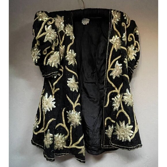 Vintage Judith Anne Creations Pure Silk Sequin Blazer Medium Puff Sleeve Black